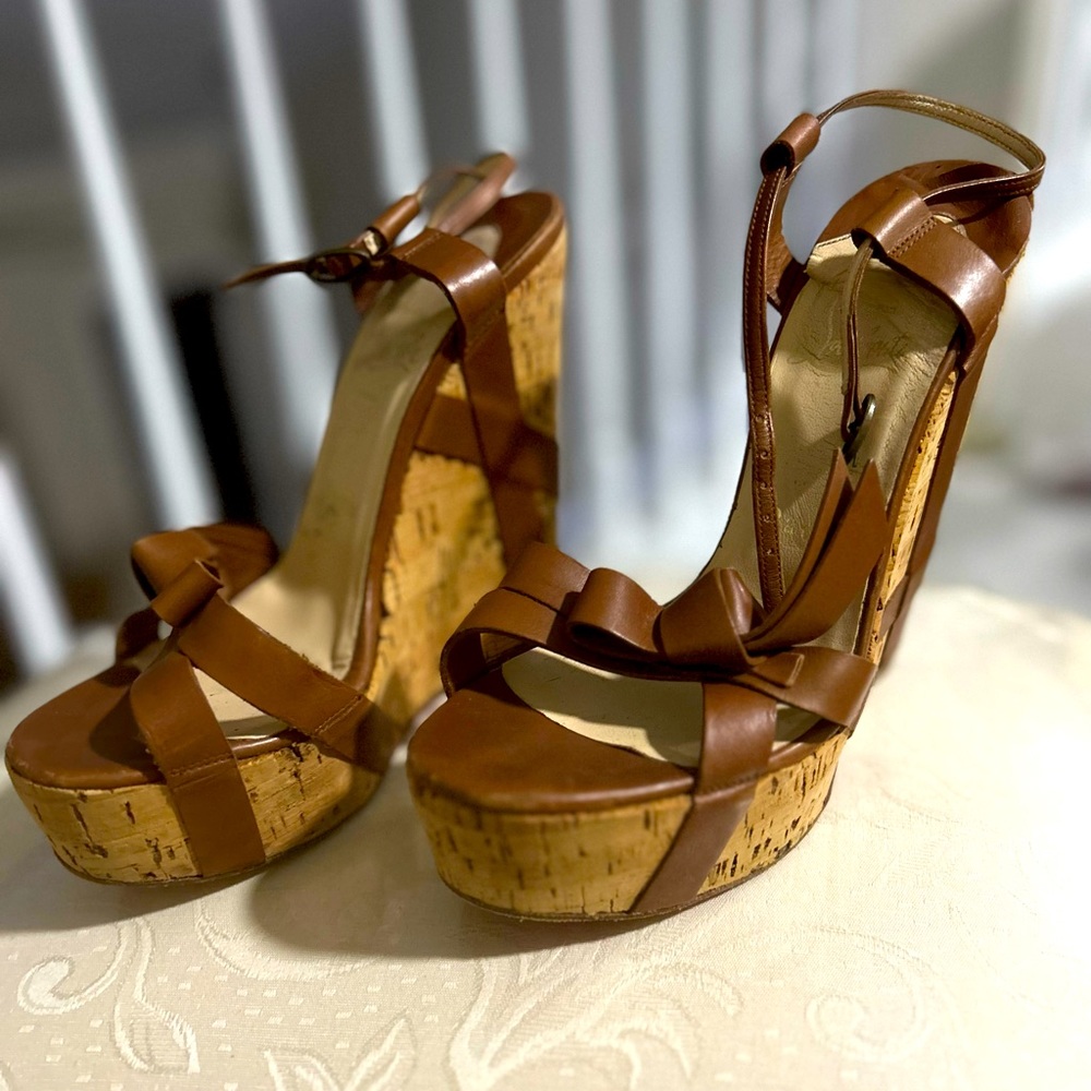 Christian Louboutin Women's Sz 37 US 7 Miss Cristo Brown Leather Wedges